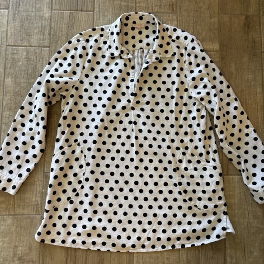 ST.‎ TROPEZ WEST Women's Linen/viscose LS Tunic Shirt Top White Black Dots EUC